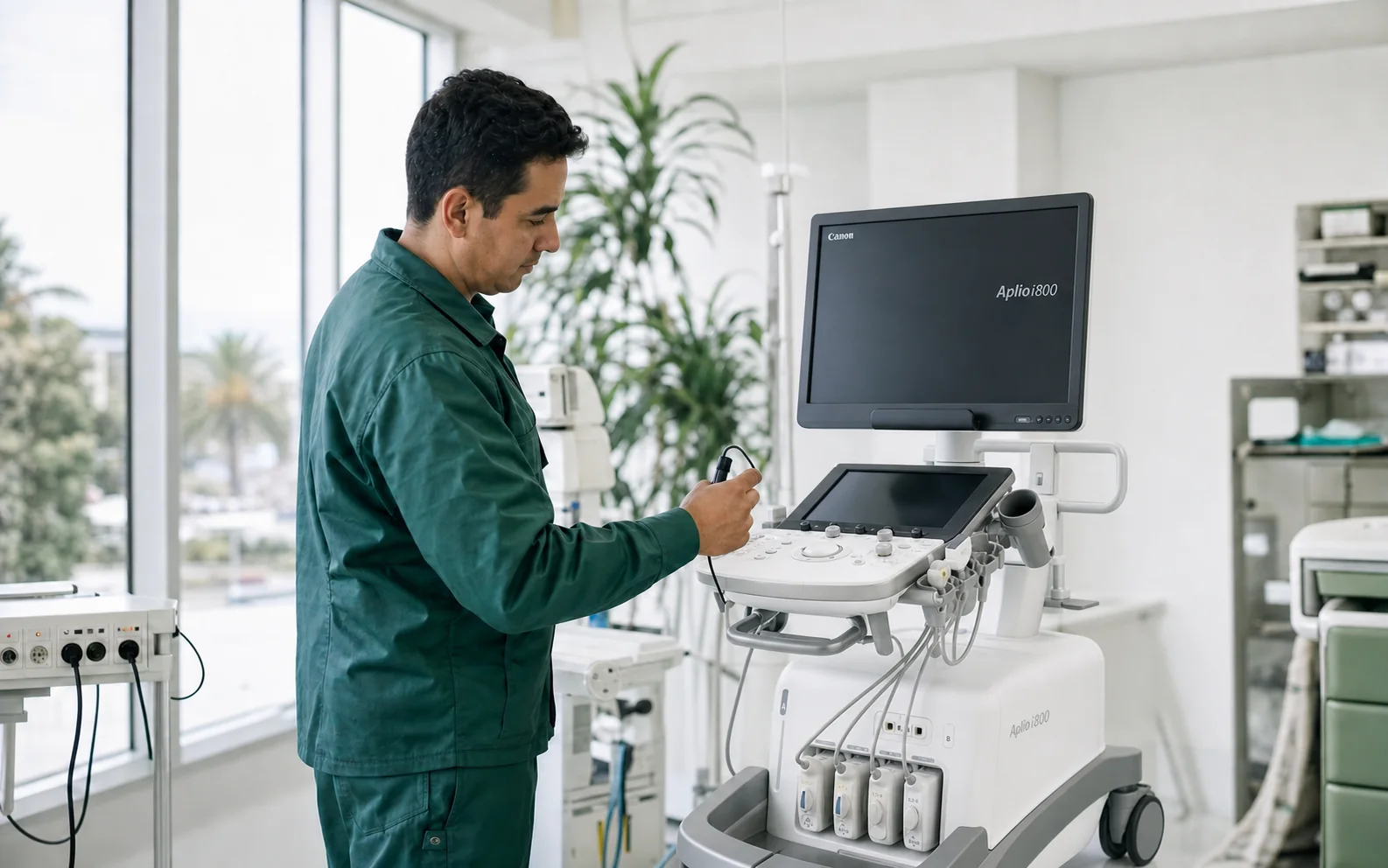 Técnico biomédico inspeccionando un ecógrafo Canon Medical Aplio i800