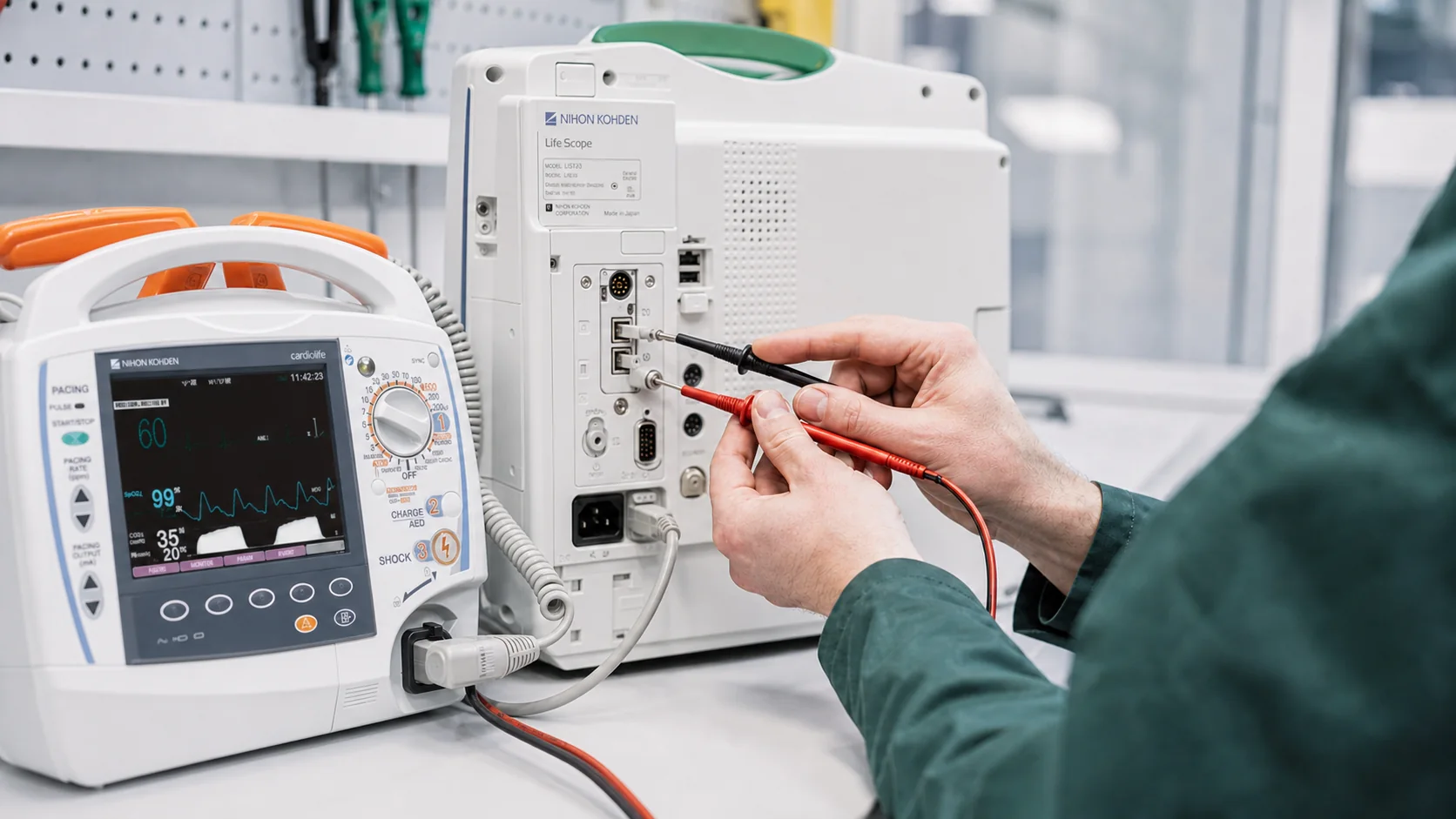 Bioingeniero realizando diagnóstico sobre equipamiento Nihon Kohden